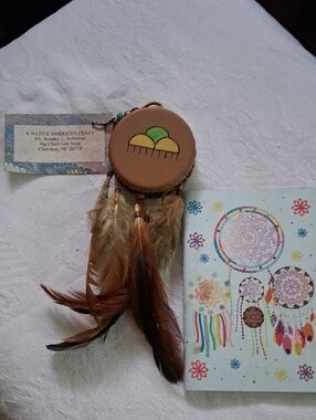 Handmade Native American Style Leather Drum Brown & Green With Notebook.
